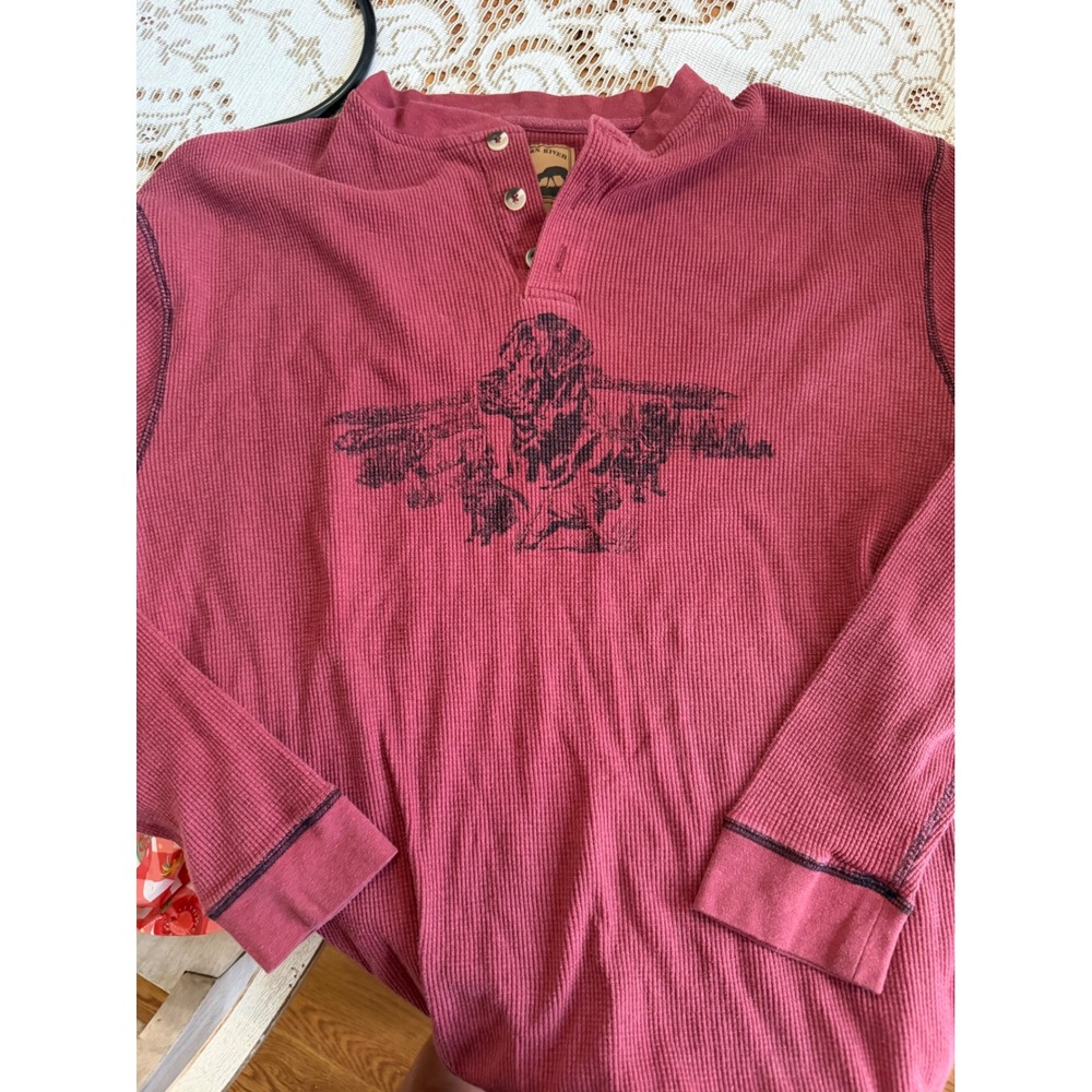 Buckhorn River Mens XL Red Thermal Henley Graphic Hunting Dog Waffle Knit Shirt